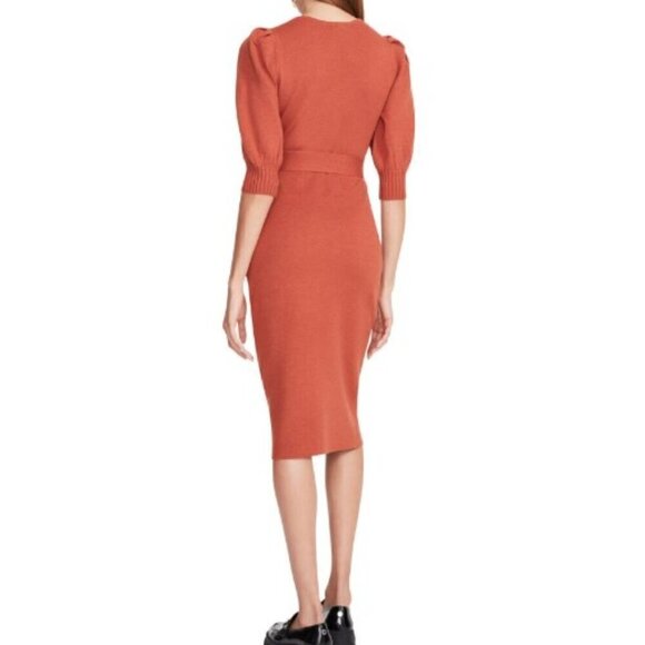 Betsey Johnson Puff Sleeve Tie Waist Sweater Dress Rust Orange Size Large - Picture 2 of 10